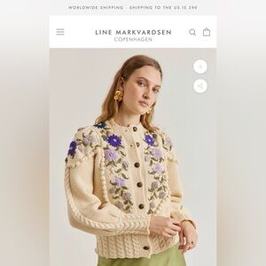 Line Markvardsen Copenhagen Holly Cardigan Hand Knit Embroidered Wool Sweater M